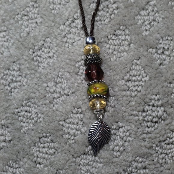 Cord Necklace with Beads & Metal Feather - Picture 1 of 5